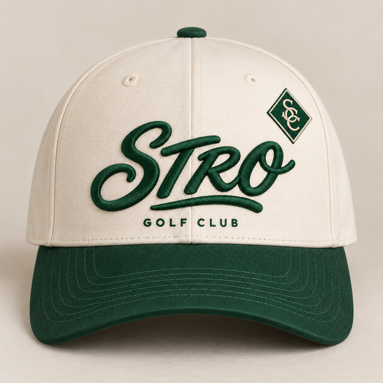 Cream and forest-green STRO Golf Club cap