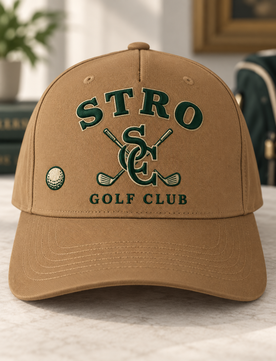 Tan STRO Golf Club Heritage cap with green embroidery