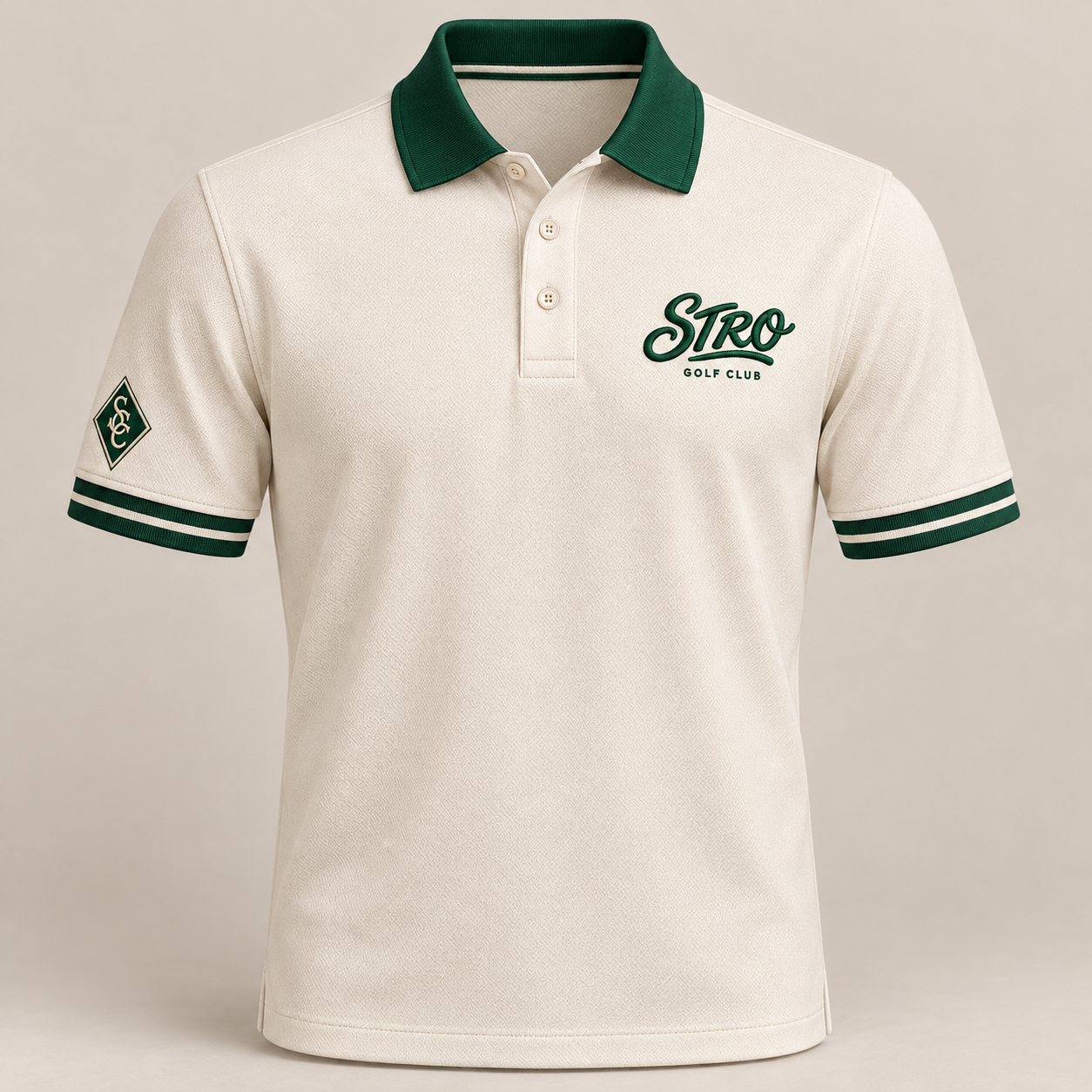 Cream STRO Golf Club polo with green collar and sleeve details